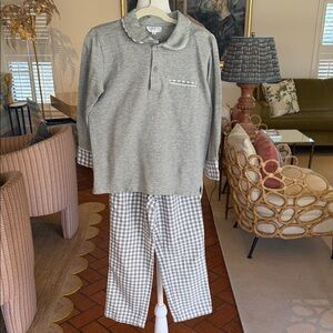 Dondolo- Boys Long Sleeve Gray Polo Top w/Matching Gray Checkered Pants- Size: 6